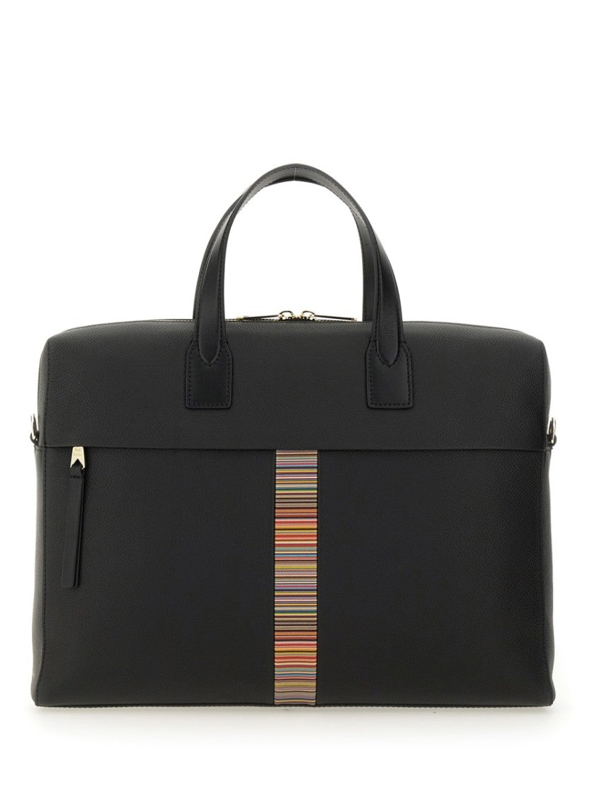 Paul Smith Rectangular Leather Briefcase With Multicolored Stripe Detail