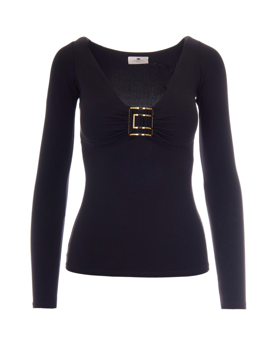 Elisabetta Franchi Long-Sleeved Fitted Jersey Top With Gold Logo Detail