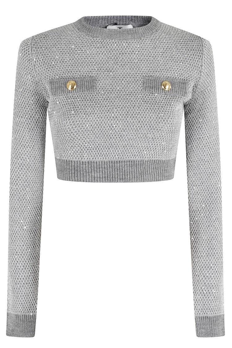 Elisabetta Franchi Cropped Grey Melange Sequin Sweater With Jewel Buttons