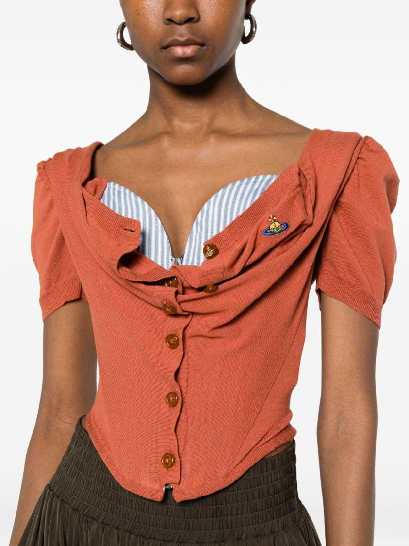 Vivienne Westwood Orange Off-Shoulder Draped Button Sweater