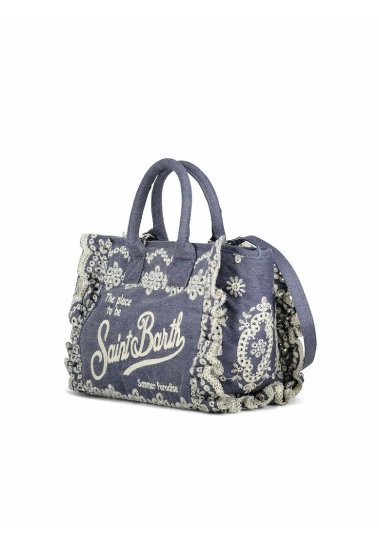 Mc2 Saint Barth Rectangular Blue Tote Bag With Lace-Embroidered Edges