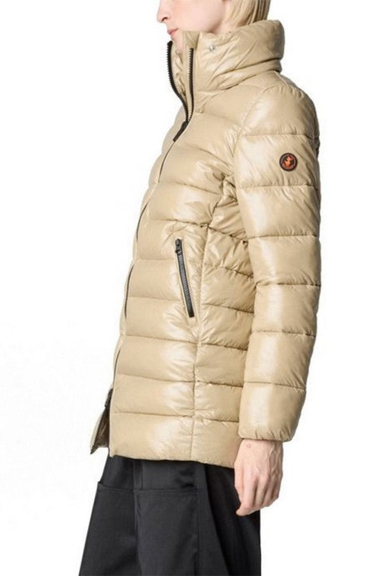 Save The Duck Beige Glossy Hooded Recycled Nylon Puffer Jacket