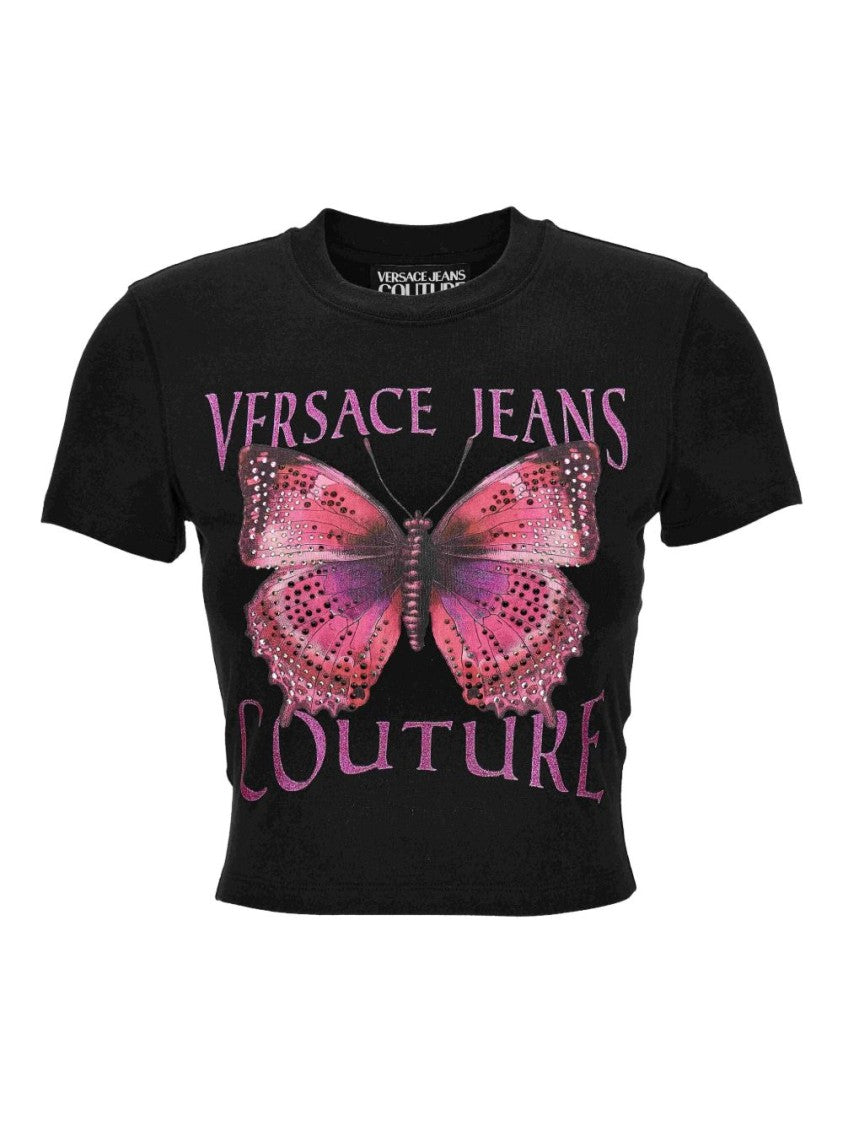 Versace Jeans Couture Cropped Black T-Shirt With Butterfly Graphic