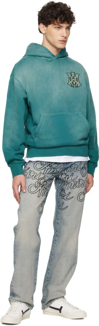 Amiri Faded Teal Oversized Hoodie With Graphic Patches