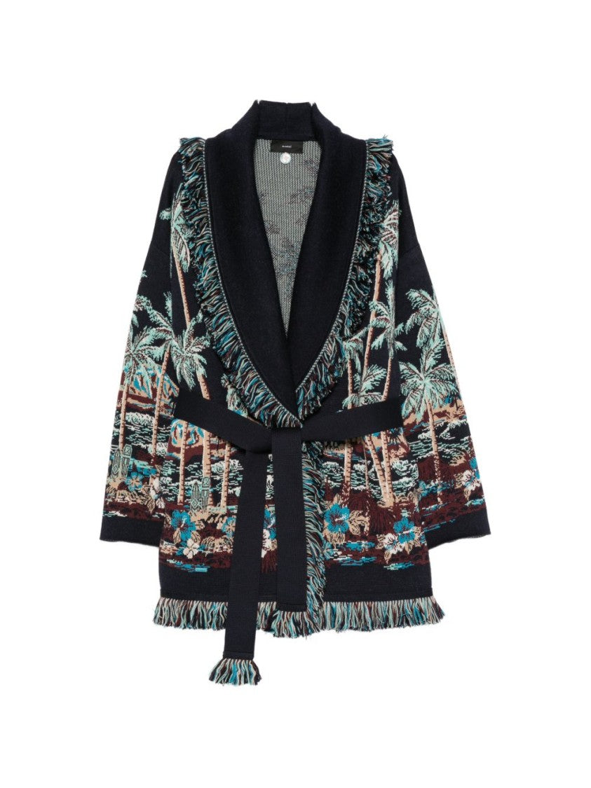 Alanui Tropical Pattern Fringed Shawl Collar Knit Sweater
