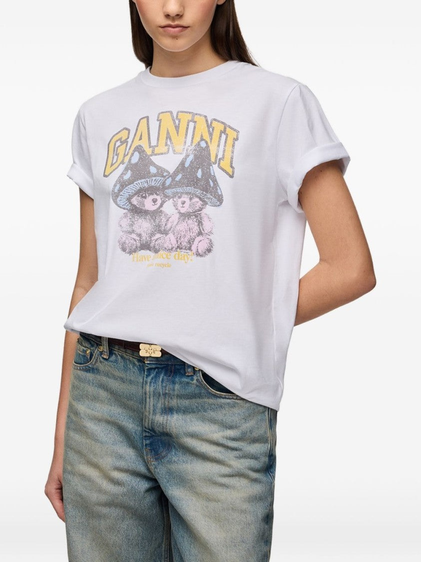 Ganni White Graphic Printed Cotton T-Shirt