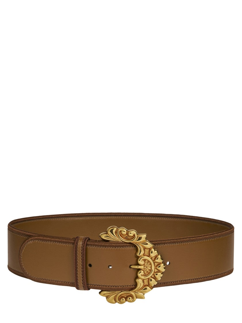 Etro Maxi Brown Calf Leather Belt With Baroque-Style Buckle