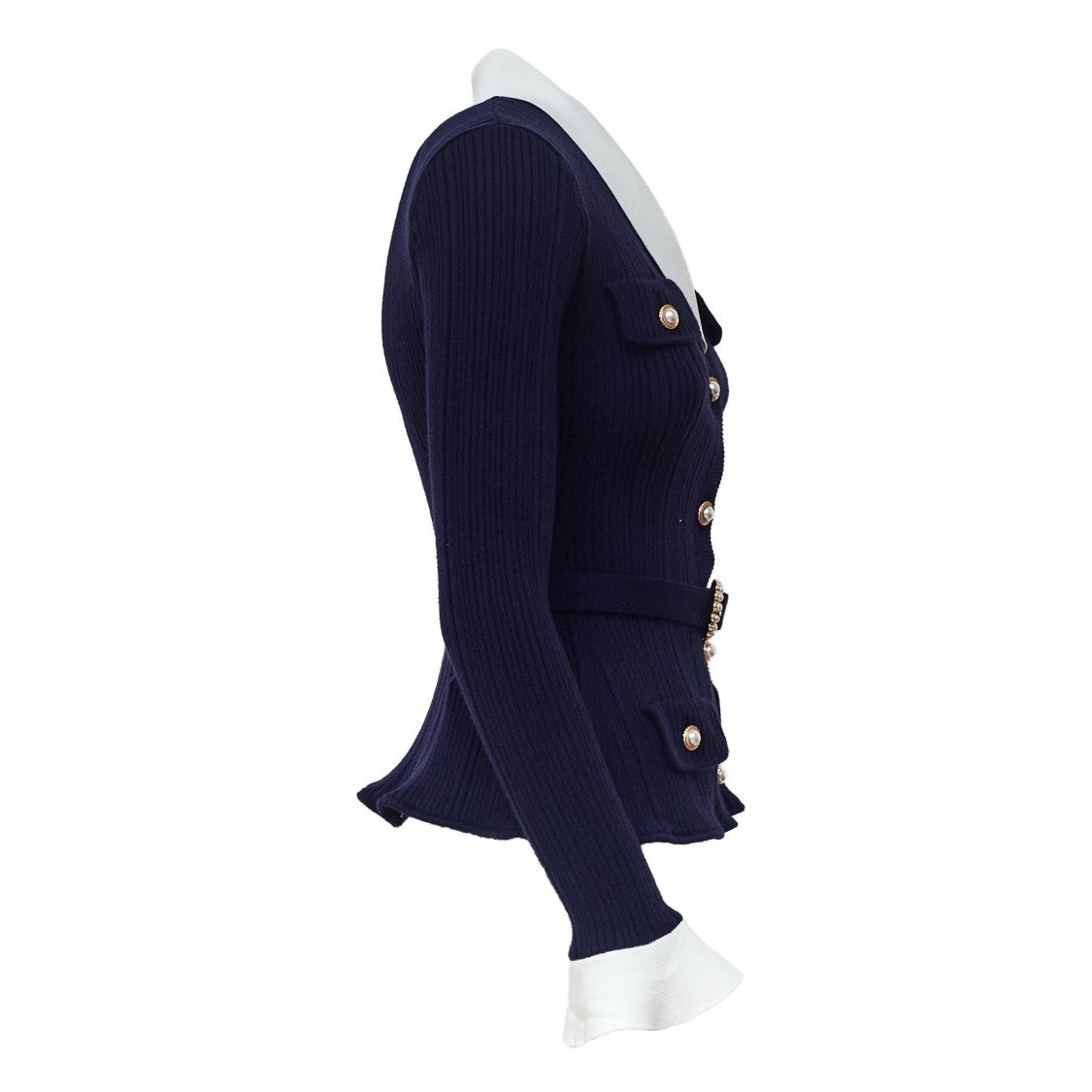 Self-Portrait Ribbed Knit Cardigan With Contrasting Collar And Pearl-Embellished Belt