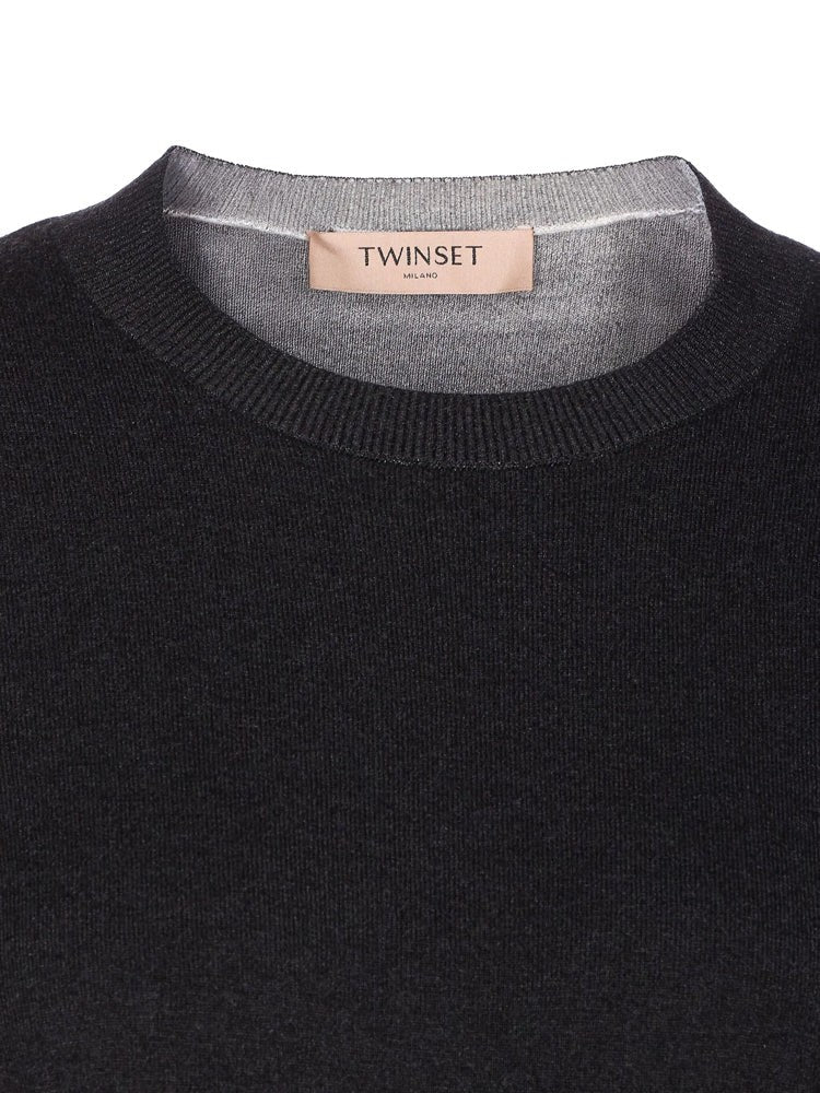 Twin-Set Embroidered Cropped Sweater With Round Neckline And Decorative Sleeves