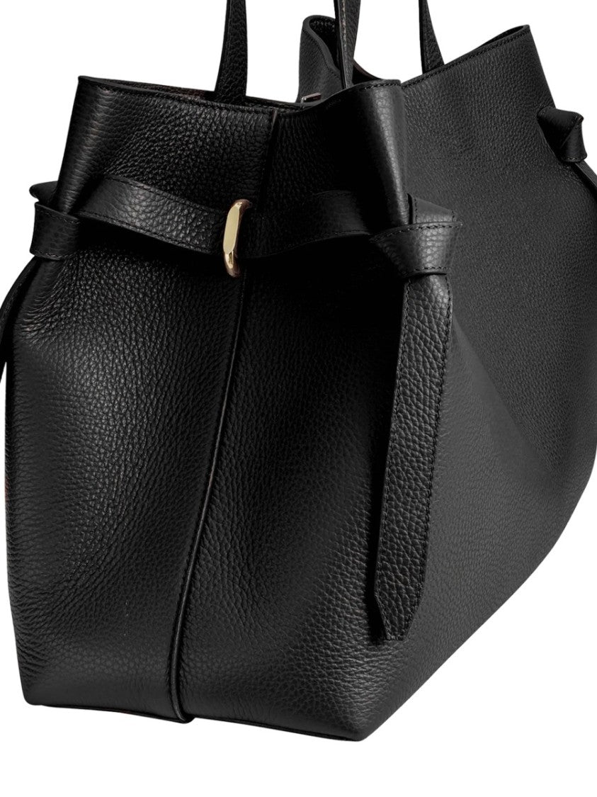 Yuzefi Sculpted Black Leather Tote Bag With Gold-Tone Clasp Detail