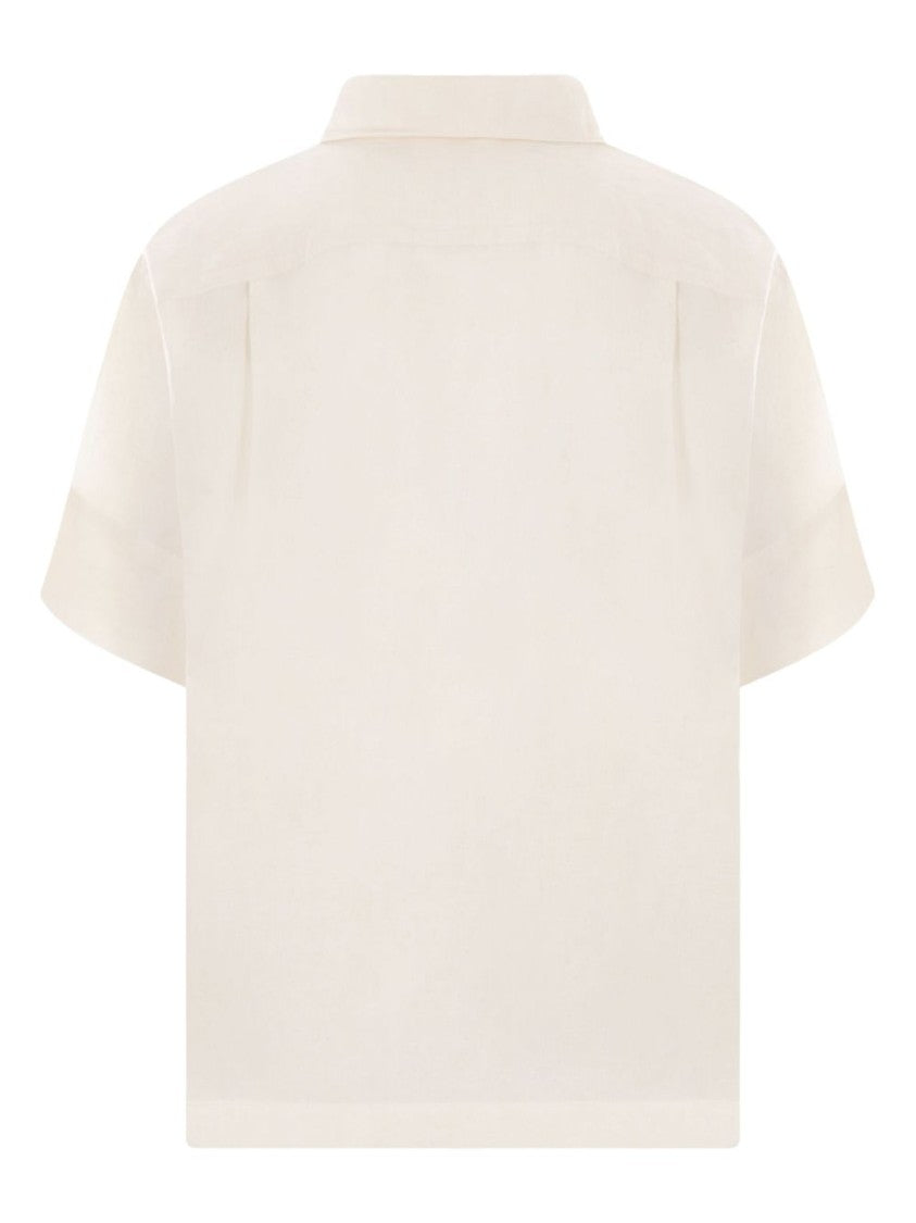 Story Mfg Crochet Appliqué Lettering Ecru Cotton-Linen Blend Shirt