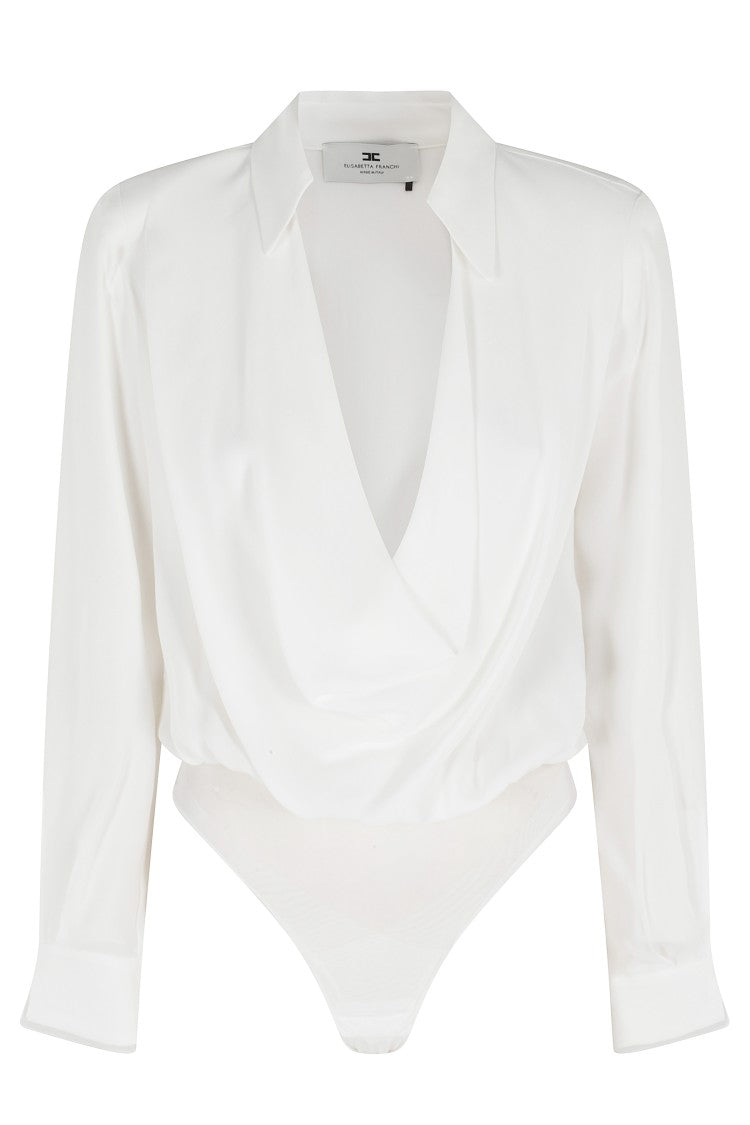 Elisabetta Franchi V-Neck Bodysuit Shirt With Organza Inserts And Padded Shoulders