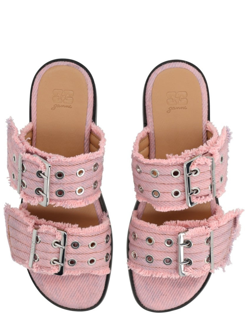 Ganni Neutrals Wide Buckled Straps Cotton Sandals