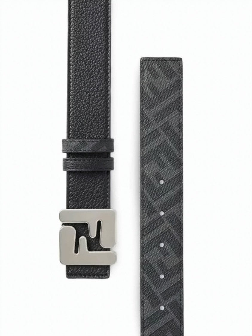 Fendi Textured Black Calf Leather Fendi Belt With Geometric Buckle