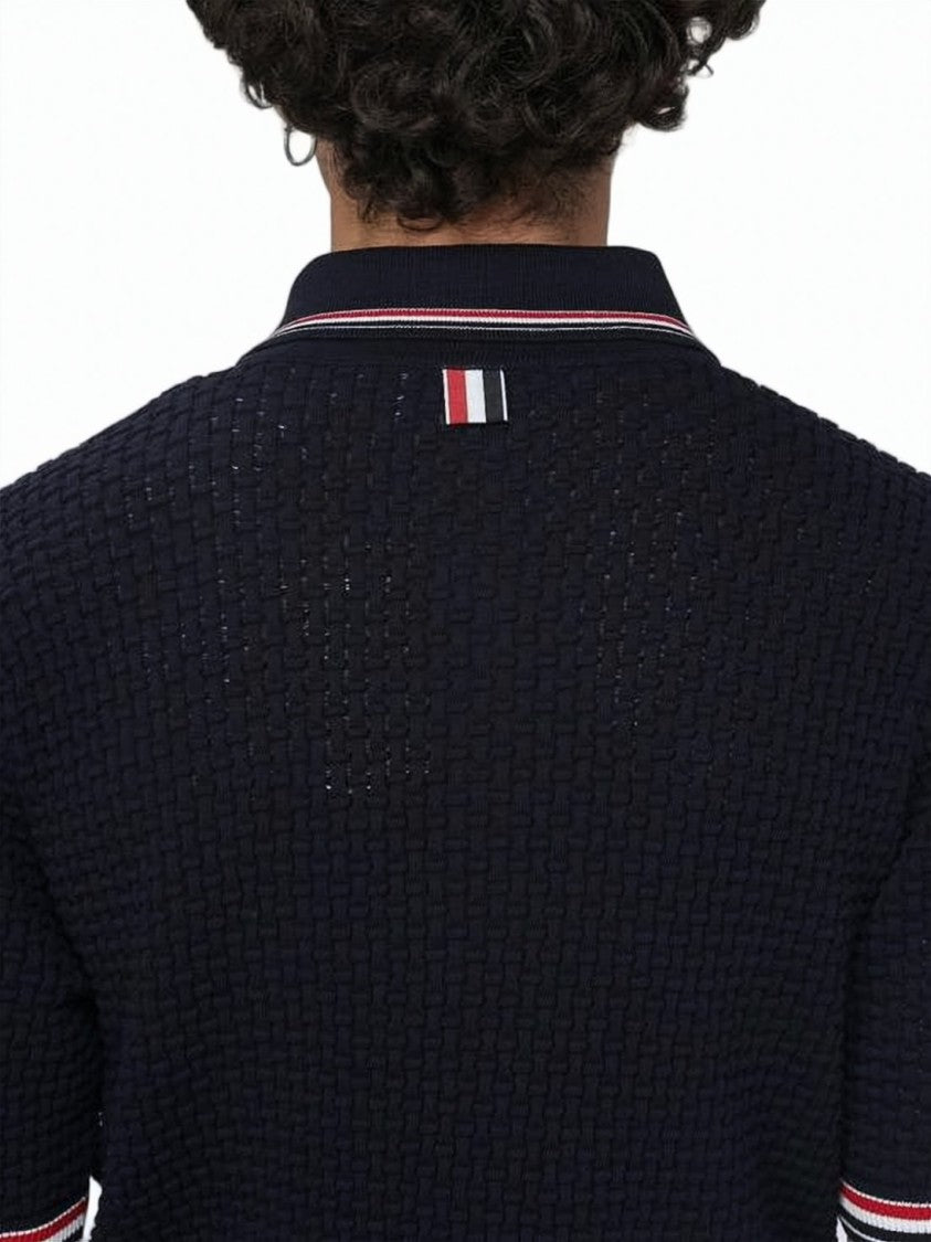 Thom Browne Textured Knit Short-Sleeve Polo With Striped Accents