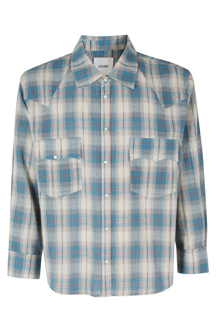 Found Blue Flannel Plaid-Pattern Cotton Casual Shirt