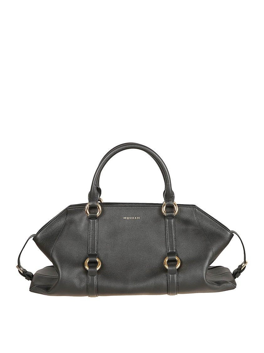 Alexander Mcqueen Elongated Black Calfskin Farringdon Bag With Gold Accents