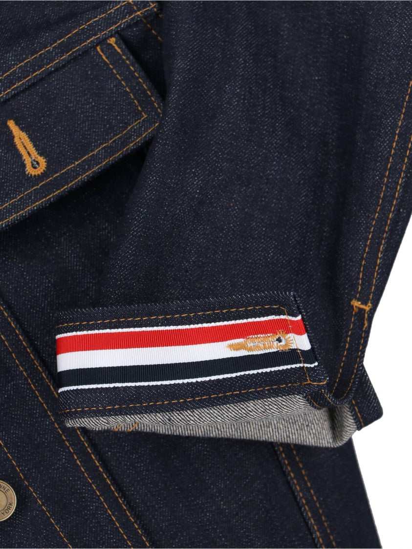 Thom Browne Blue Cropped Structured Denim Logo Jacket