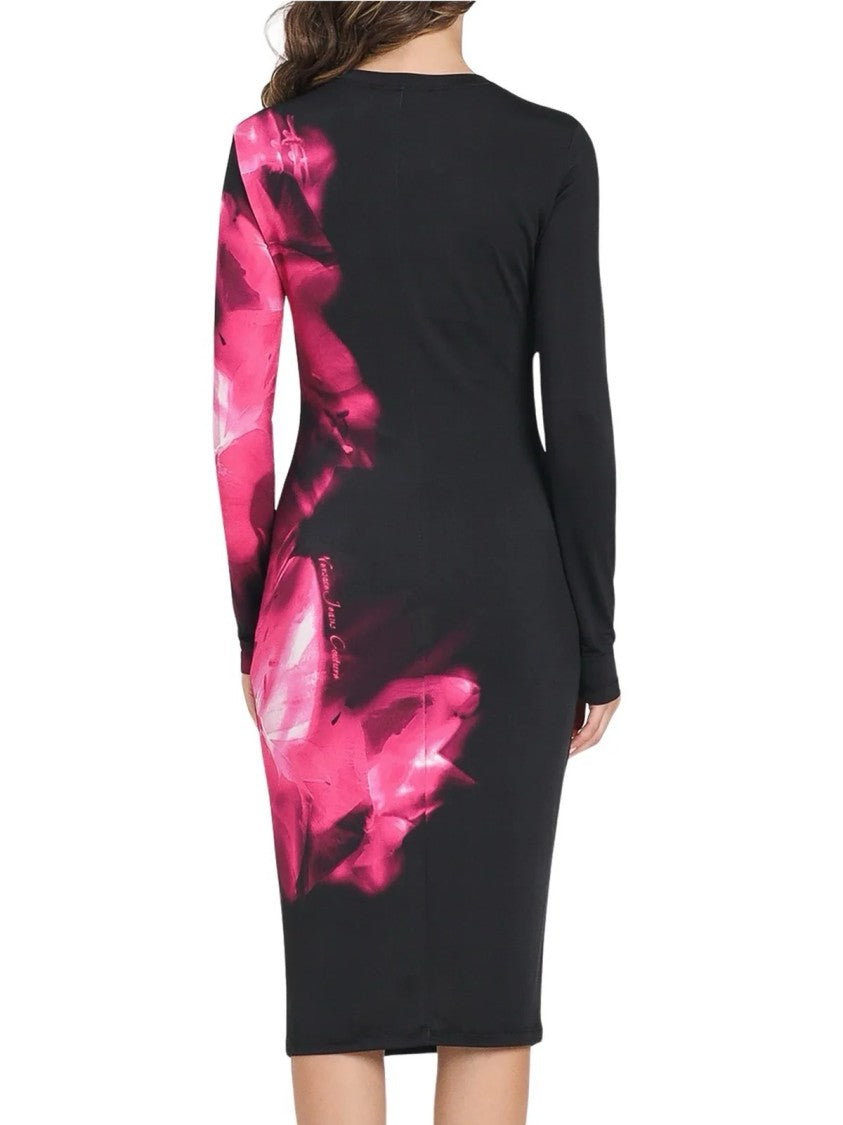 Versace Jeans Couture Body-Hugging Midi Dress With Vibrant Fuchsia Accents