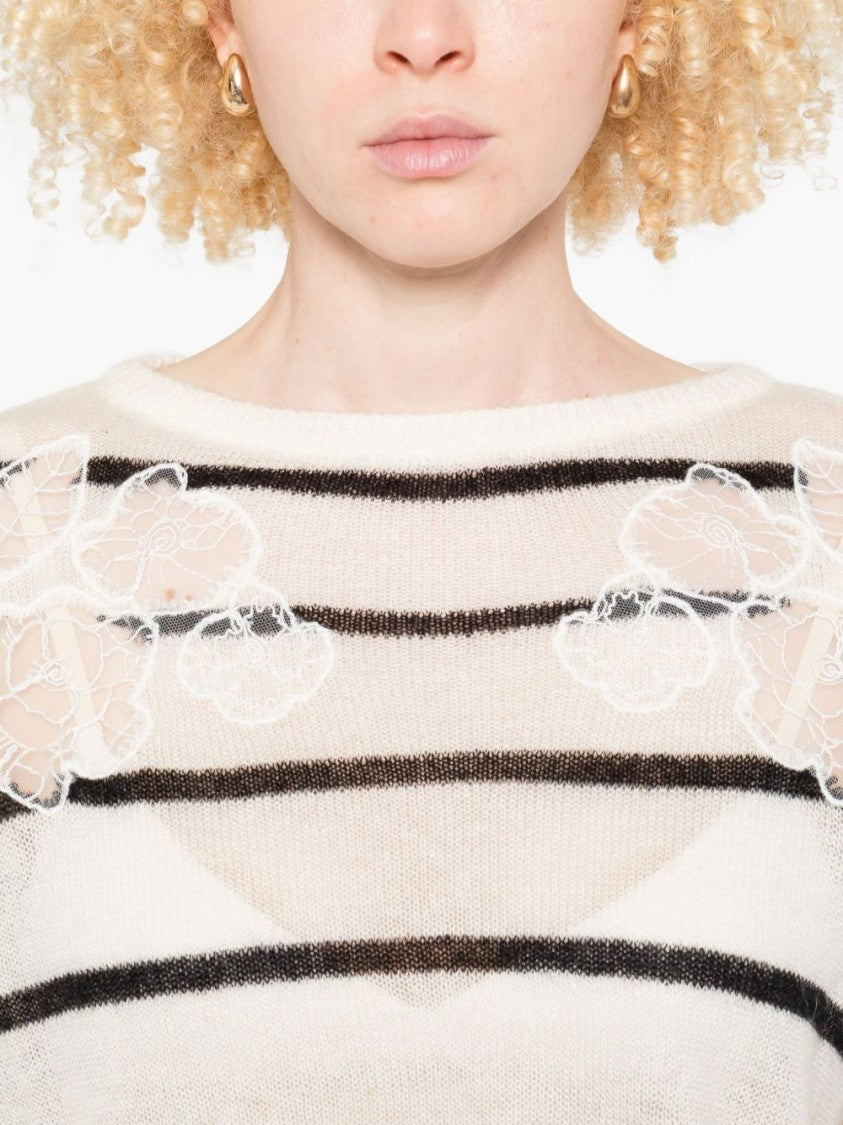 Twin-Set Off-White Knit Sweater With Black Stripes And Lace Embellishments