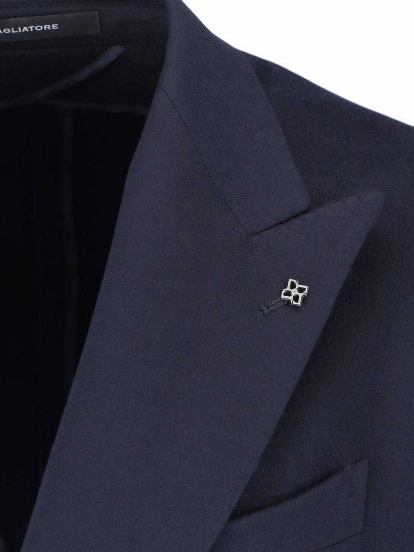 Tagliatore Navy Blue Double-Breasted Cashmere Blazer With Peak Lapel