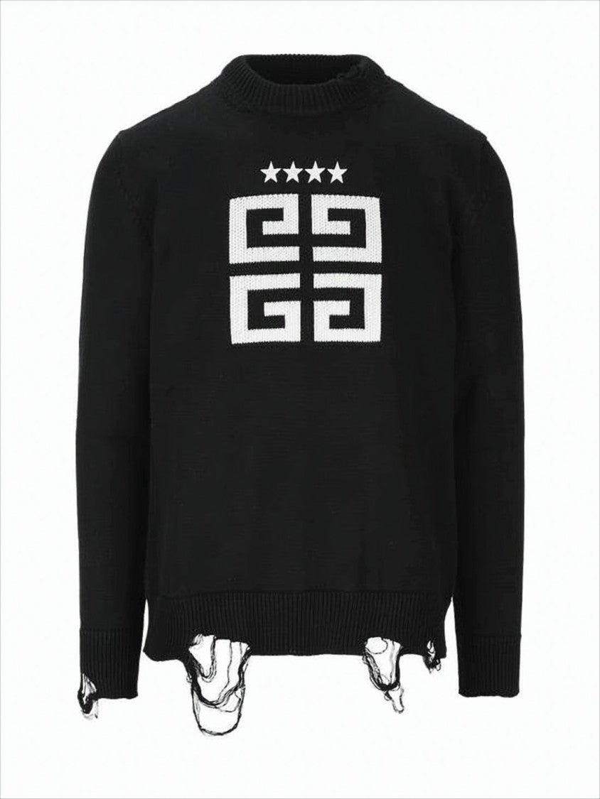 Givenchy Black Long-Sleeve Knitwear Sweater With Geometric Logo And Distressed Hem