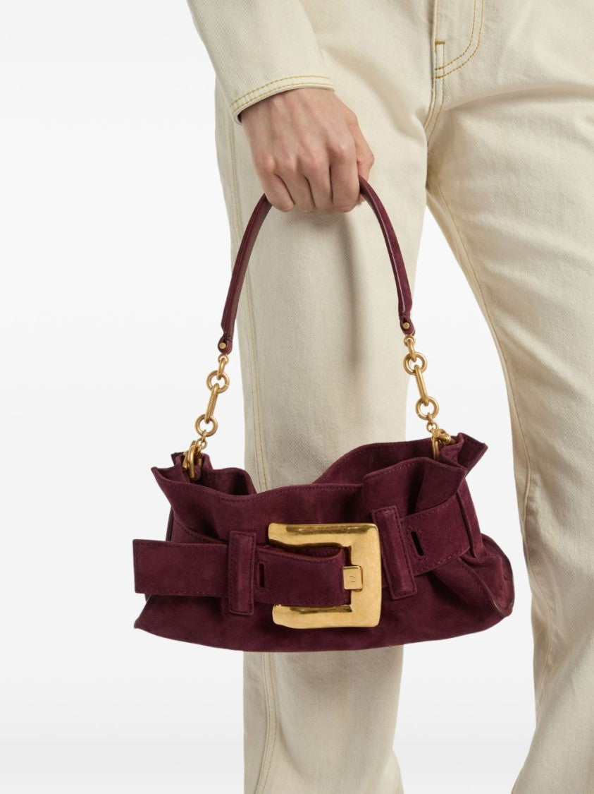 Balmain Burgundy Suede Shoulder Bag With Oversized Gold Buckle