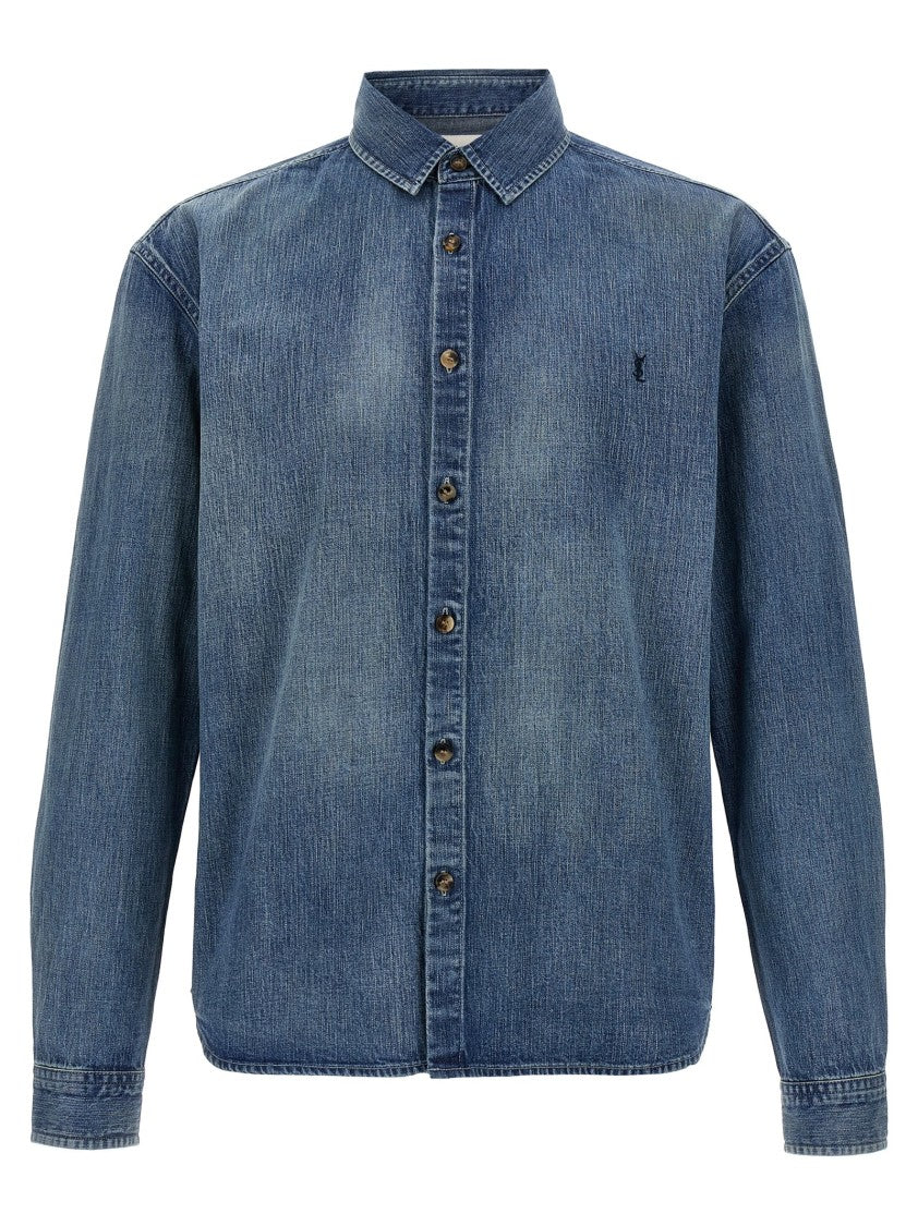 Saint Laurent Comfort Fit Cotton Denim Cassandre Shirt With Logo Embroidery