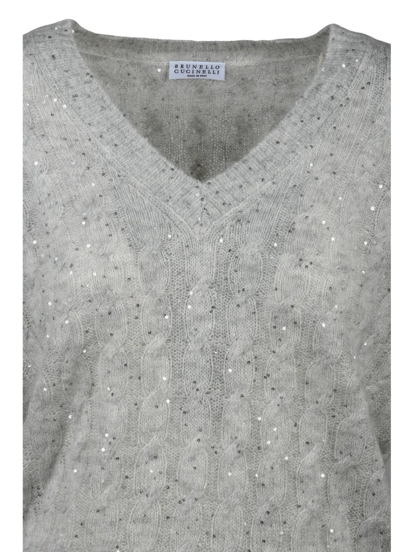 Brunello Cucinelli Grey Rhinestone Cable Knit Mohair-Blend V-Neck Sweater