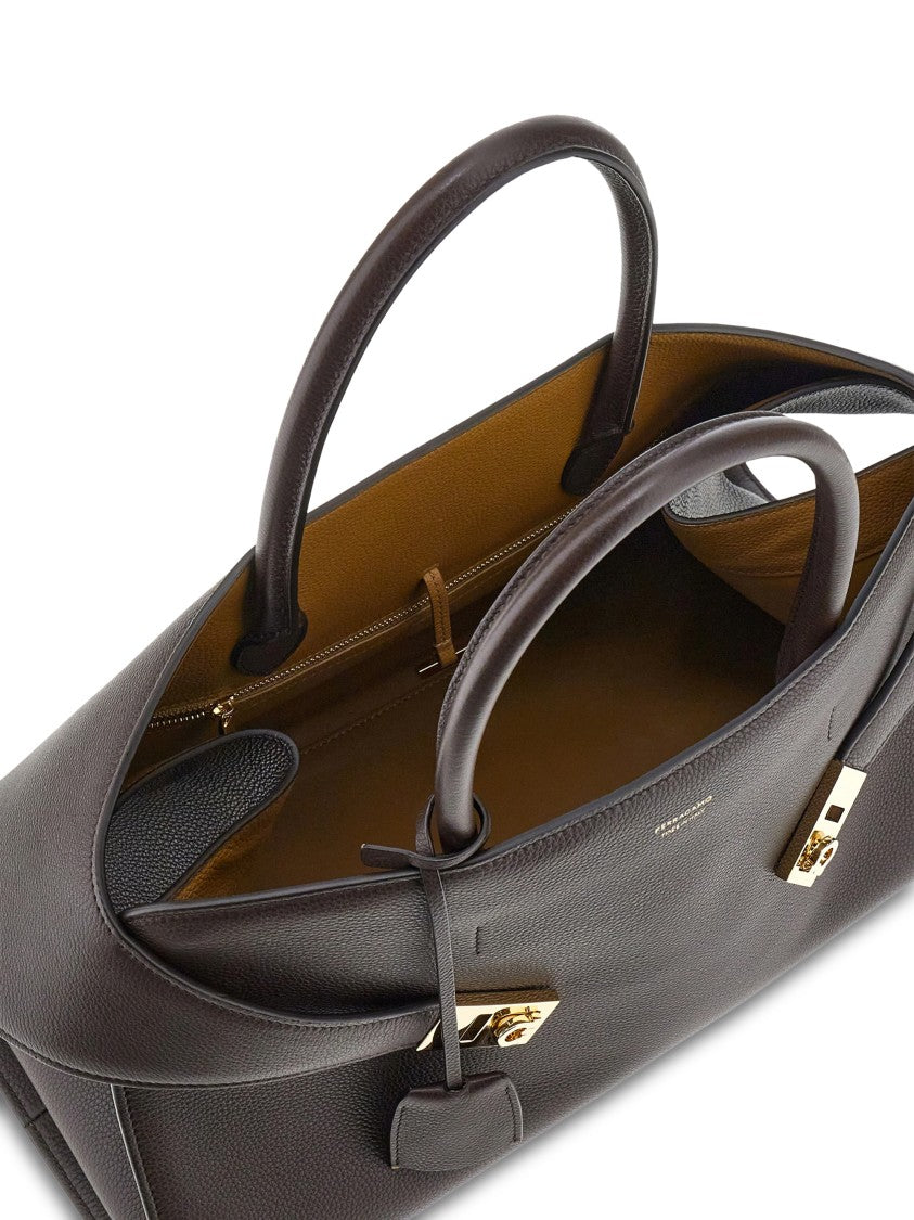 Ferragamo Structured Calf Leather Bag In Dark Brown