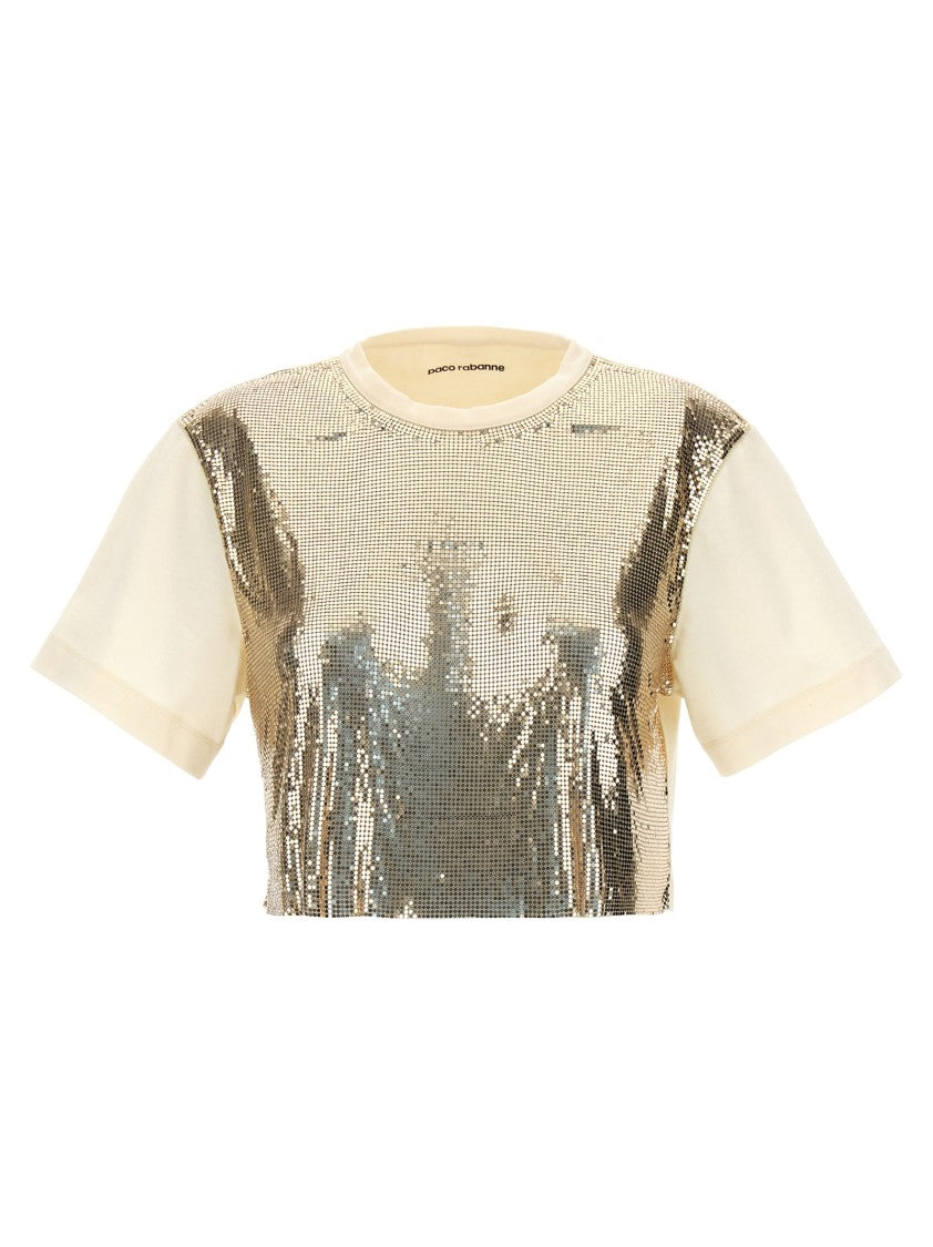 Paco Rabanne Cropped Cotton Top With Shimmering Metal Sequins