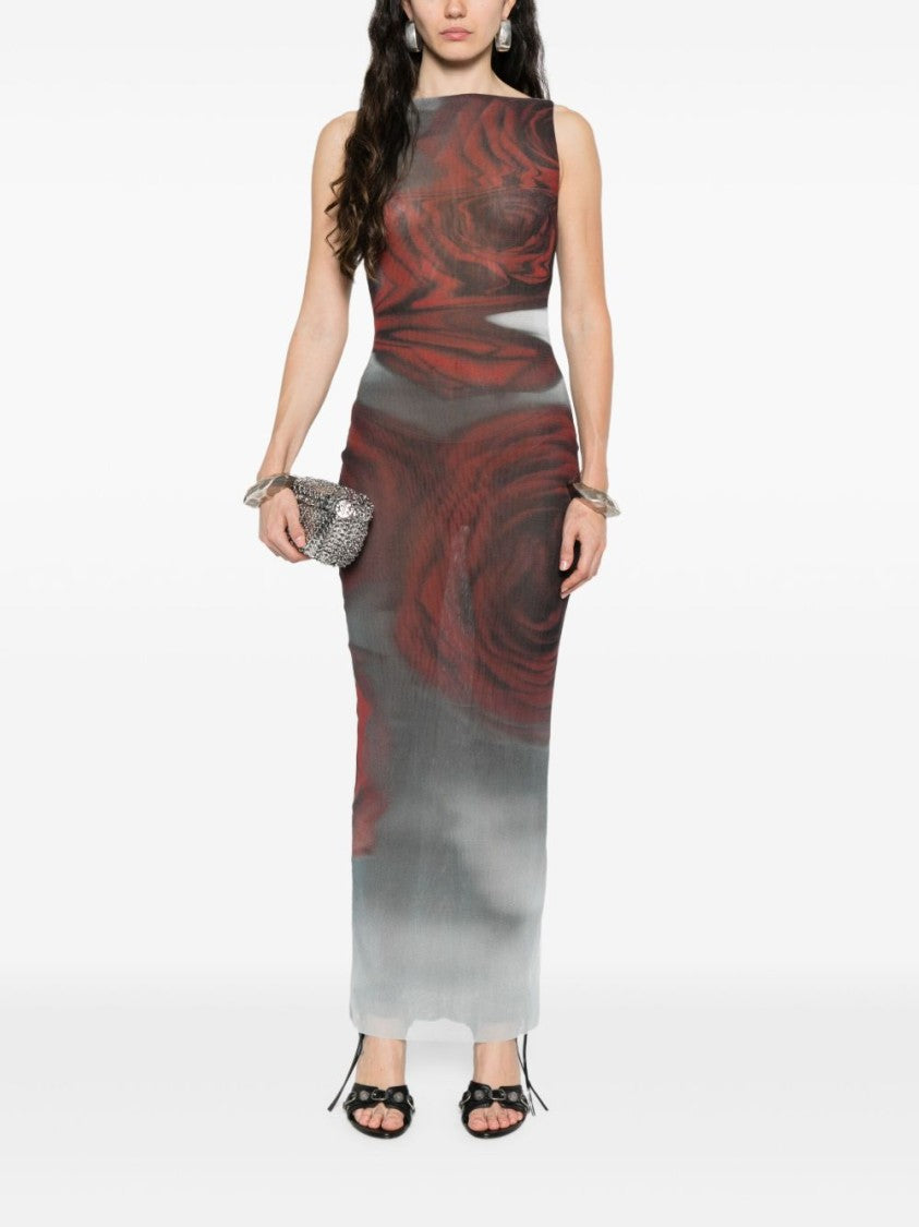 Jean Paul Gaultier Dark Red Roses Print Boat Neck Dress