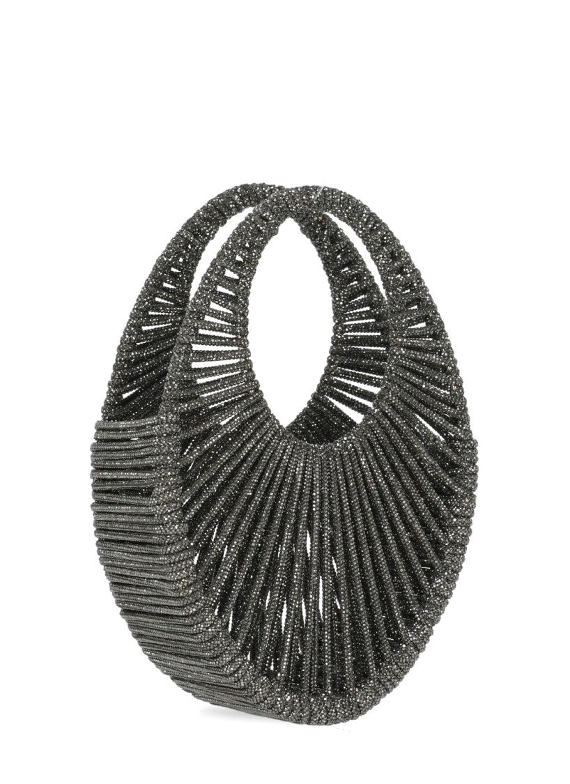 Hibourama Oval-Shaped Grey Hibourama Jewelry Bag With Woven Crystal Design