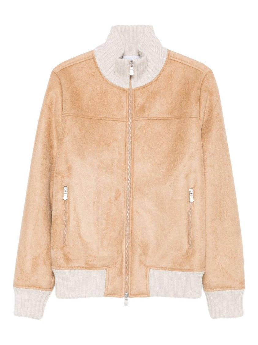 Gran Sasso Soft Beige Suede Jacket With Ribbed Knit Details