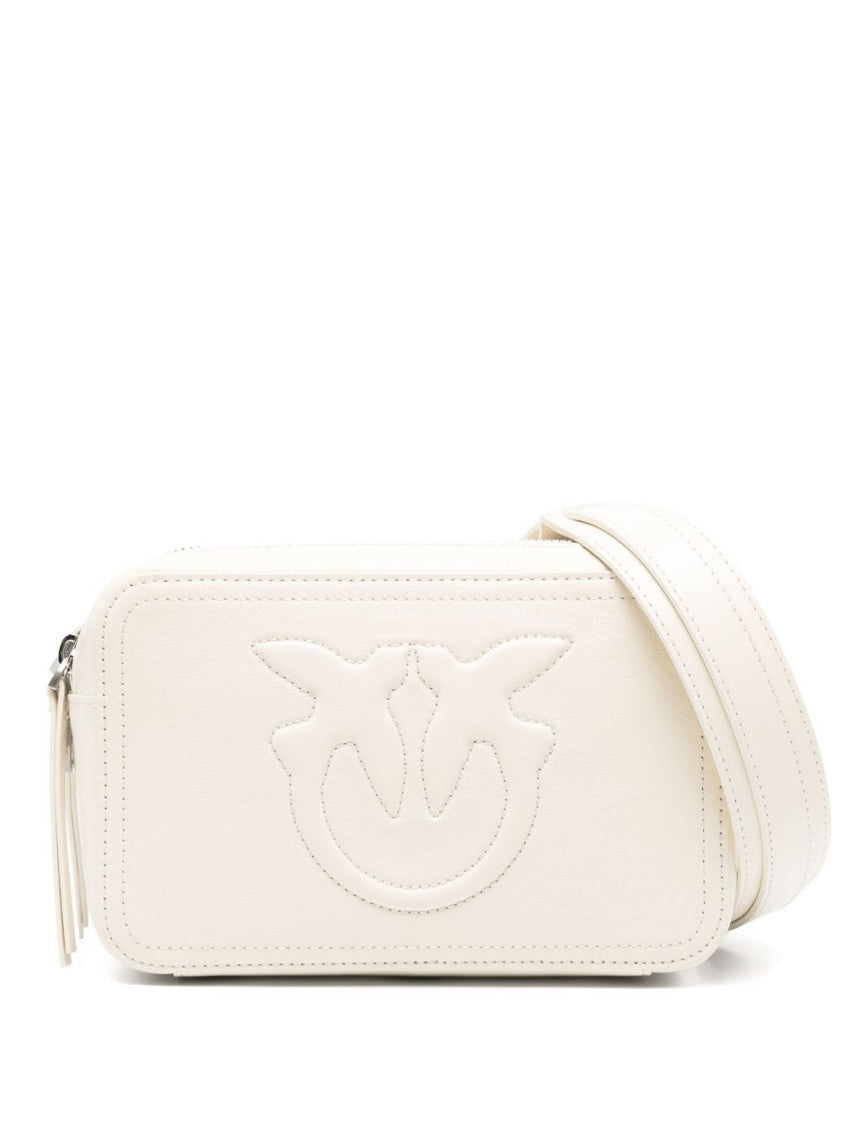 Pinko Sleek Rectangular White Leather Shoulder Bag With Embossed Logo