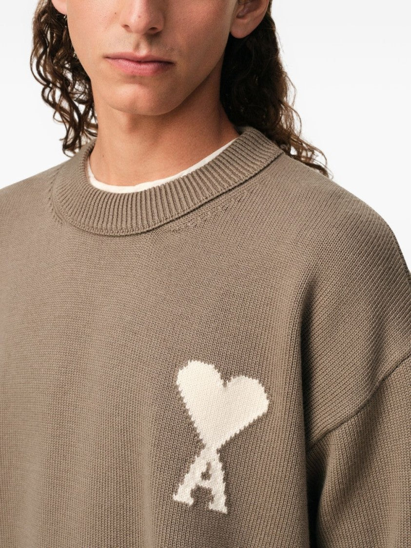 Ami Paris Taupe Beige Intarsia Knit Ribbed Sweater