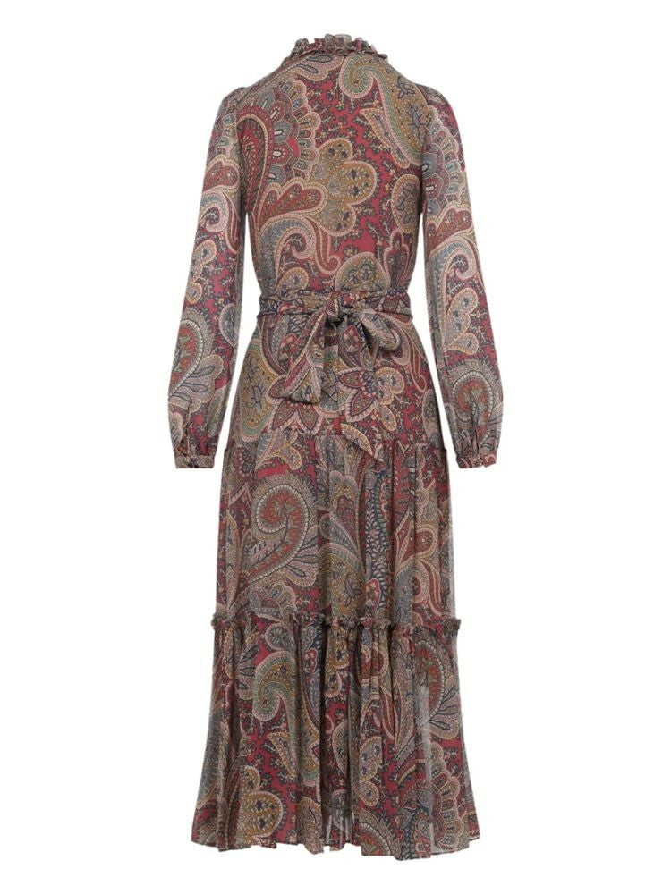 Etro Multicolored Paisley Midi Dress With Ruffled Neckline And Tiered Hem