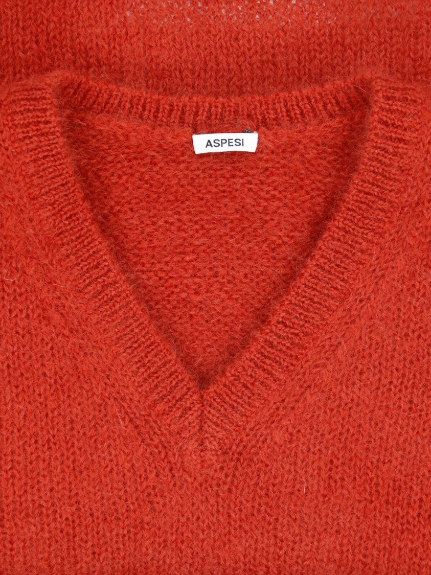 Aspesi Orange Mohair Wool V-Neck Sweater
