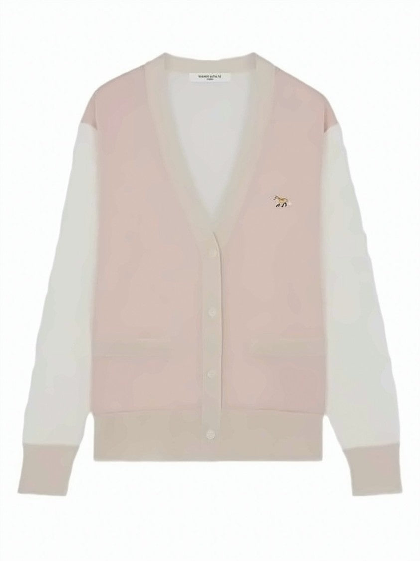 Maison Kitsuné Soft Pink Cardigan With Contrasting White Sleeves And Embroidered Detail