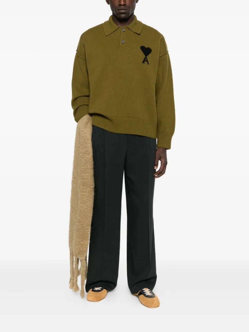 Ami Polo Neck Knit Sweater With Engraved Horn Buttons