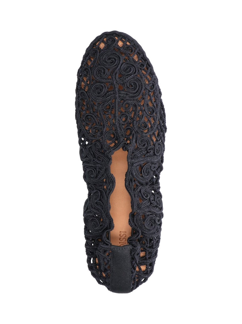 Odissi Black Pointed Toe Swirling Openwork Flats