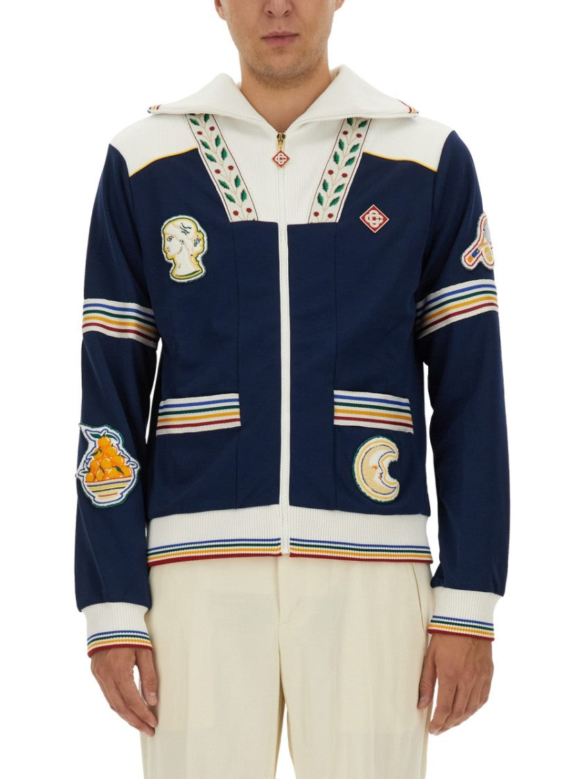 Casablanca Navy Zip Sweatshirt With Embroidered Patches