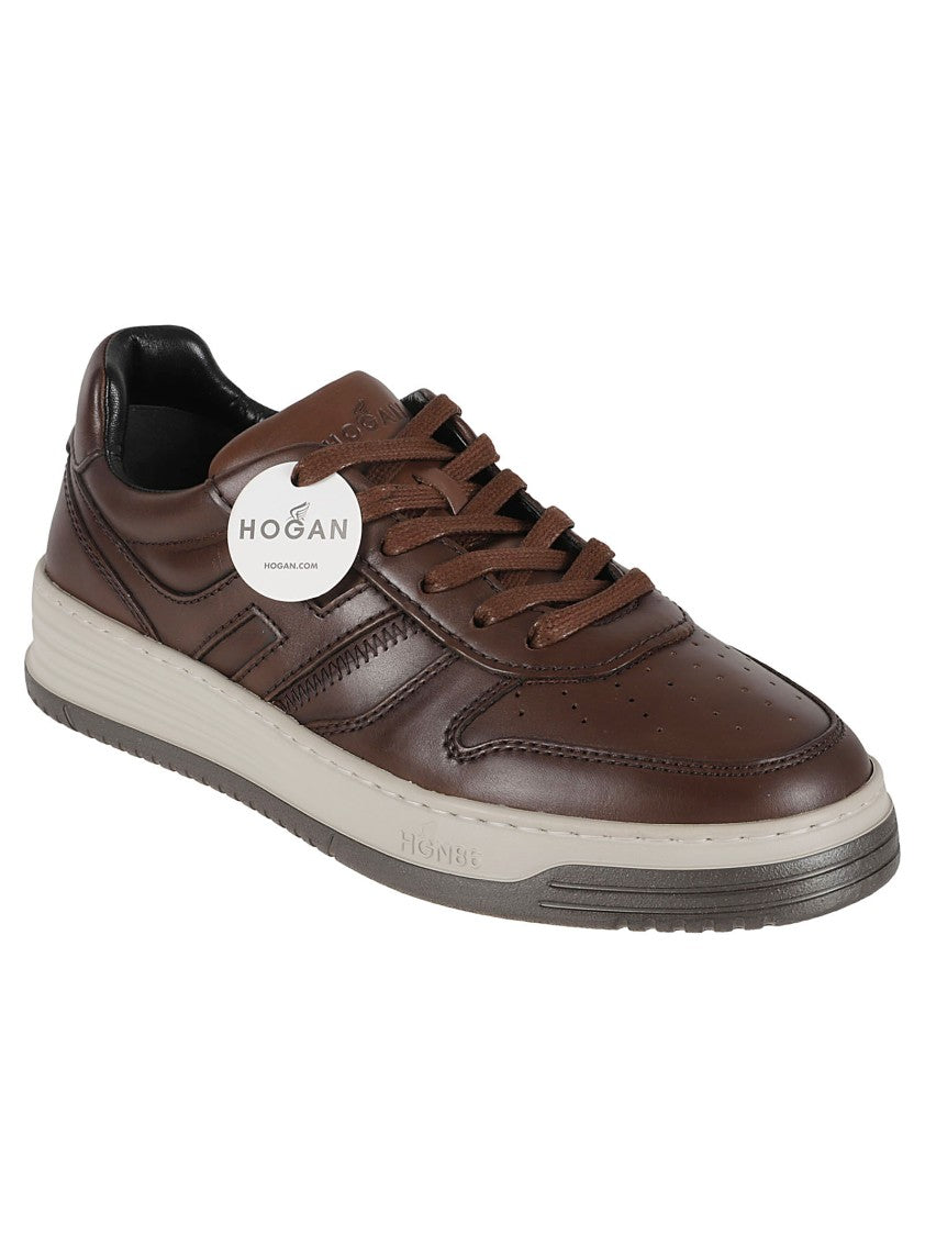Hogan Brown Leather Sneakers With Perforated Detailing
