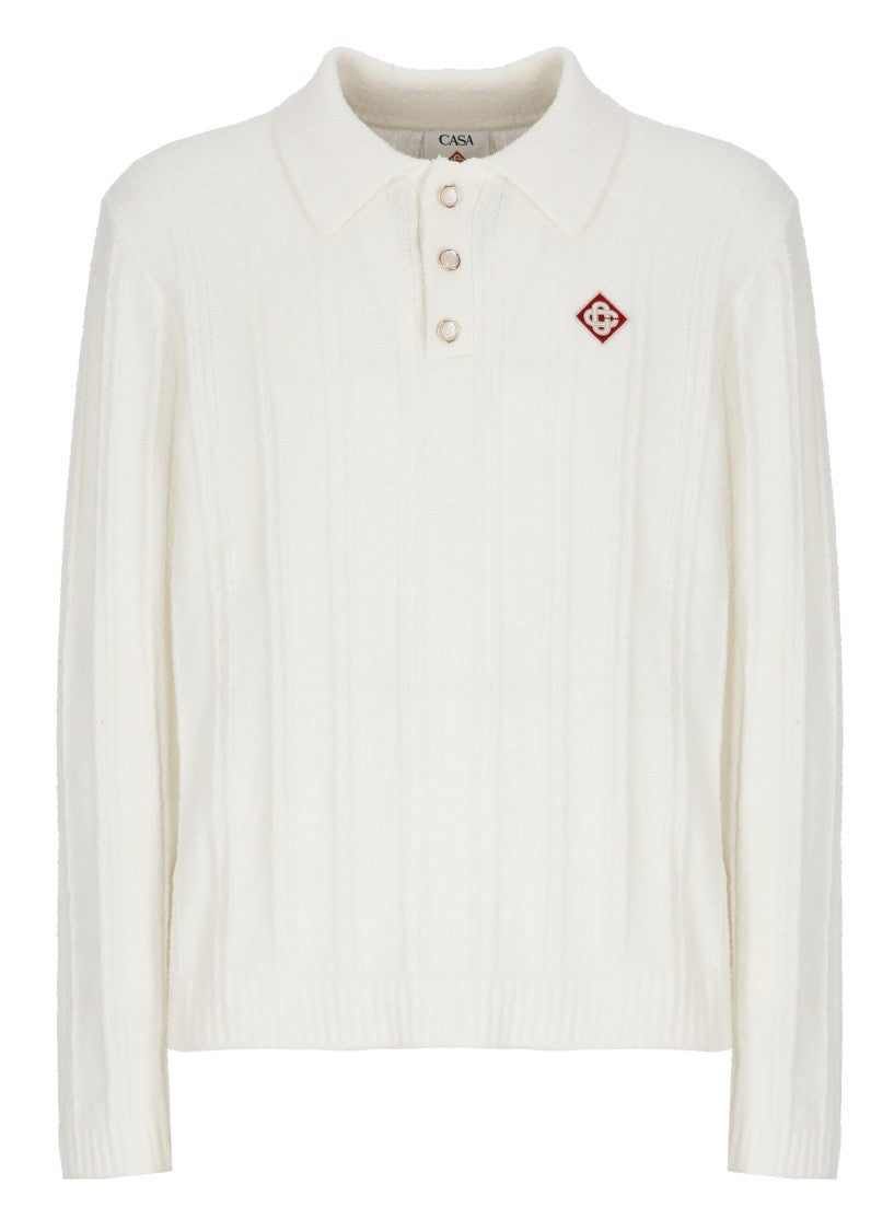 Casablanca White Boucle Logo Patch Polo Shirt