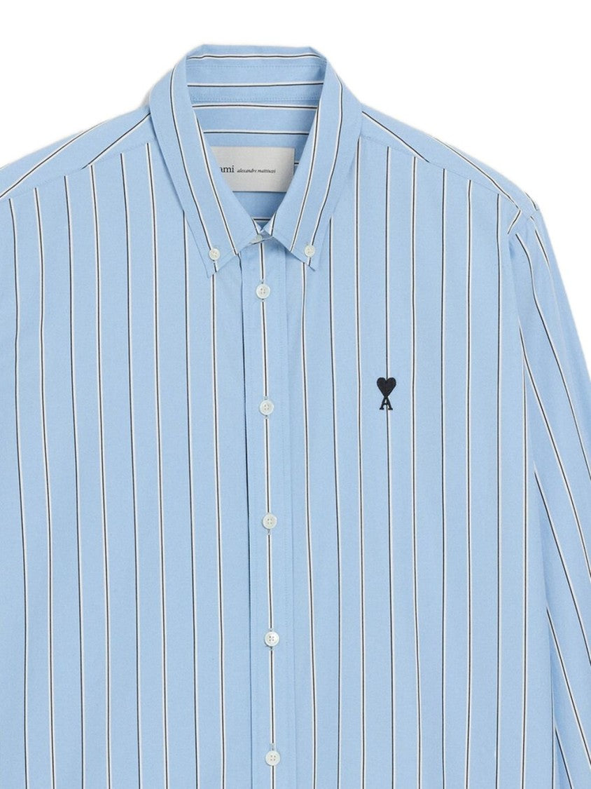 Ami Paris Light Blue Striped Button-Up Shirt With Classic Collar