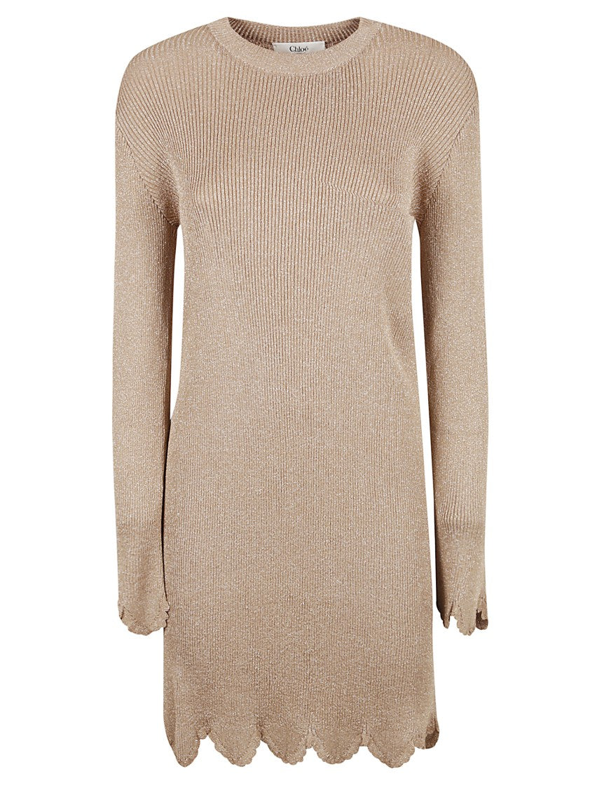 Chloé Ribbed Long Sleeve Dress With Scalloped Hemline