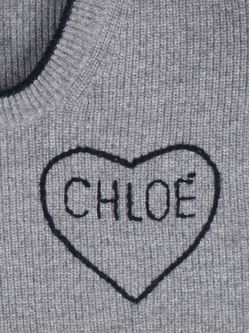 Chloé Grey Wool-Cashmere Sweater With Intarsia Heart Logo