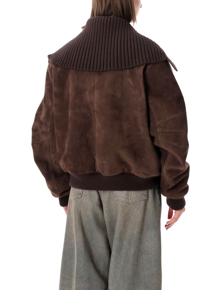 The Attico Suede Bomber Jacket With Oversized Knit Collar