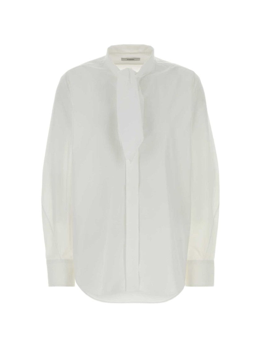 Givenchy White High Neck Front Tie Long-Sleeve Blouse