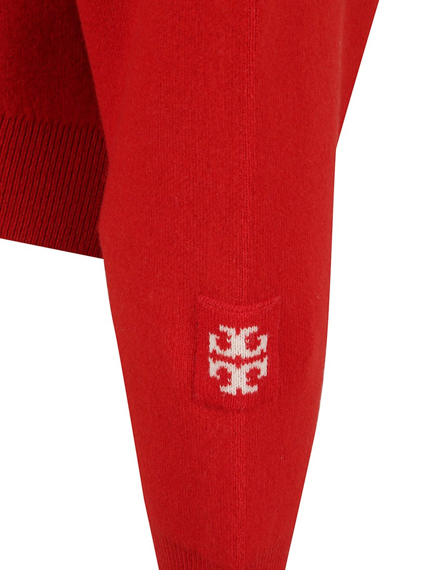 Tory Burch Ribbed Cuff Drawstring Hooded Sweater In Red